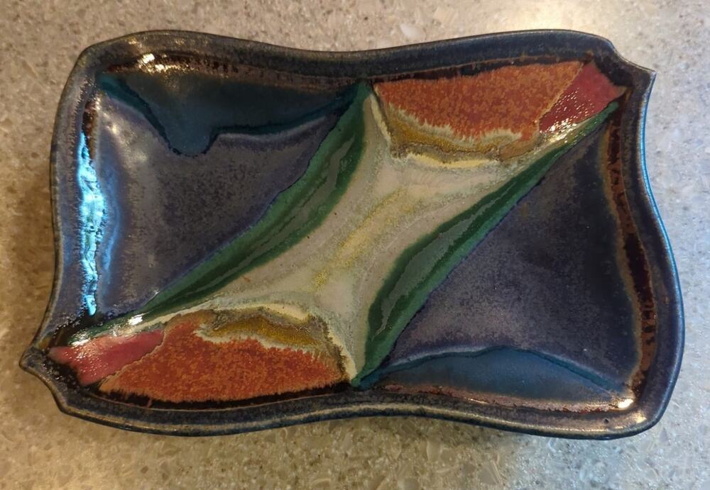 Studio Glazed Art Pottery Serving Dish Bow Tie Shape Blue Brown 9 x 5.5 x 1.75